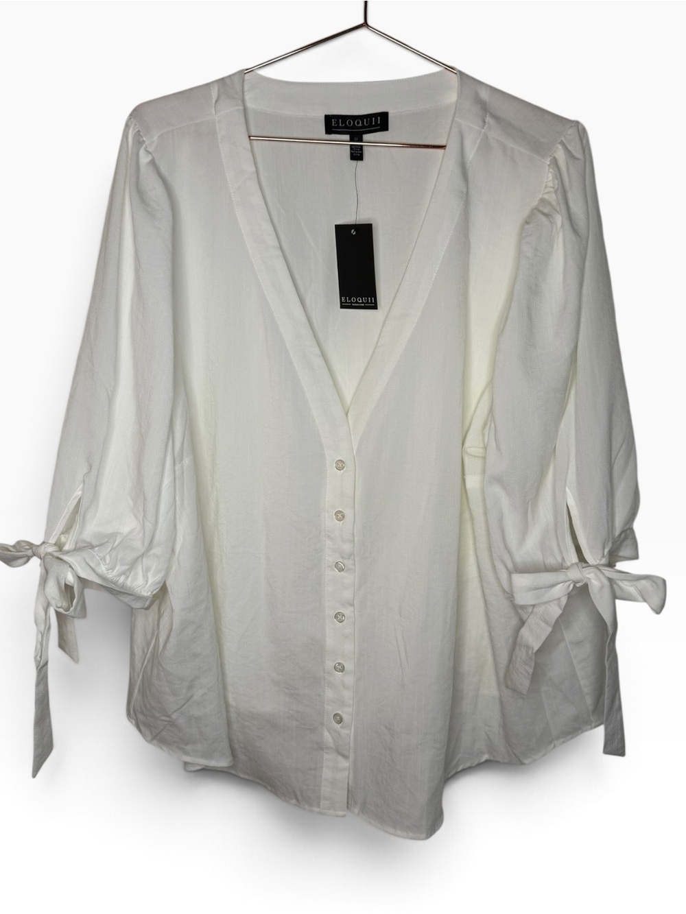 Eloquii White Button-Front Tie-Sleeve Blouse Deep V-Neck